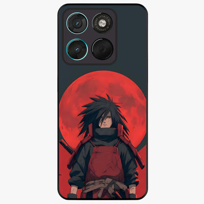 Crimson Moon Warlord Glass Case showing flat back view with mystical moon warrior artwork and glossy glass finish.