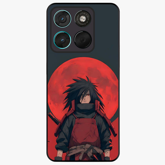 Crimson Moon Warlord Glass Case showing flat back view with mystical moon warrior artwork and glossy glass finish.