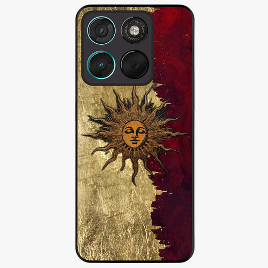 Crimson Sun Majesty Glass Case showing flat back view with radiant sun inspired artwork and glossy glass finish.