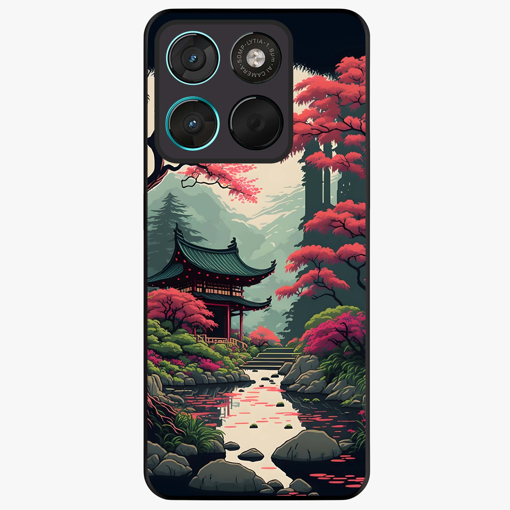 Crimson Temple View Glass Case showing flat back view with temple inspired artwork and glossy glass finish.