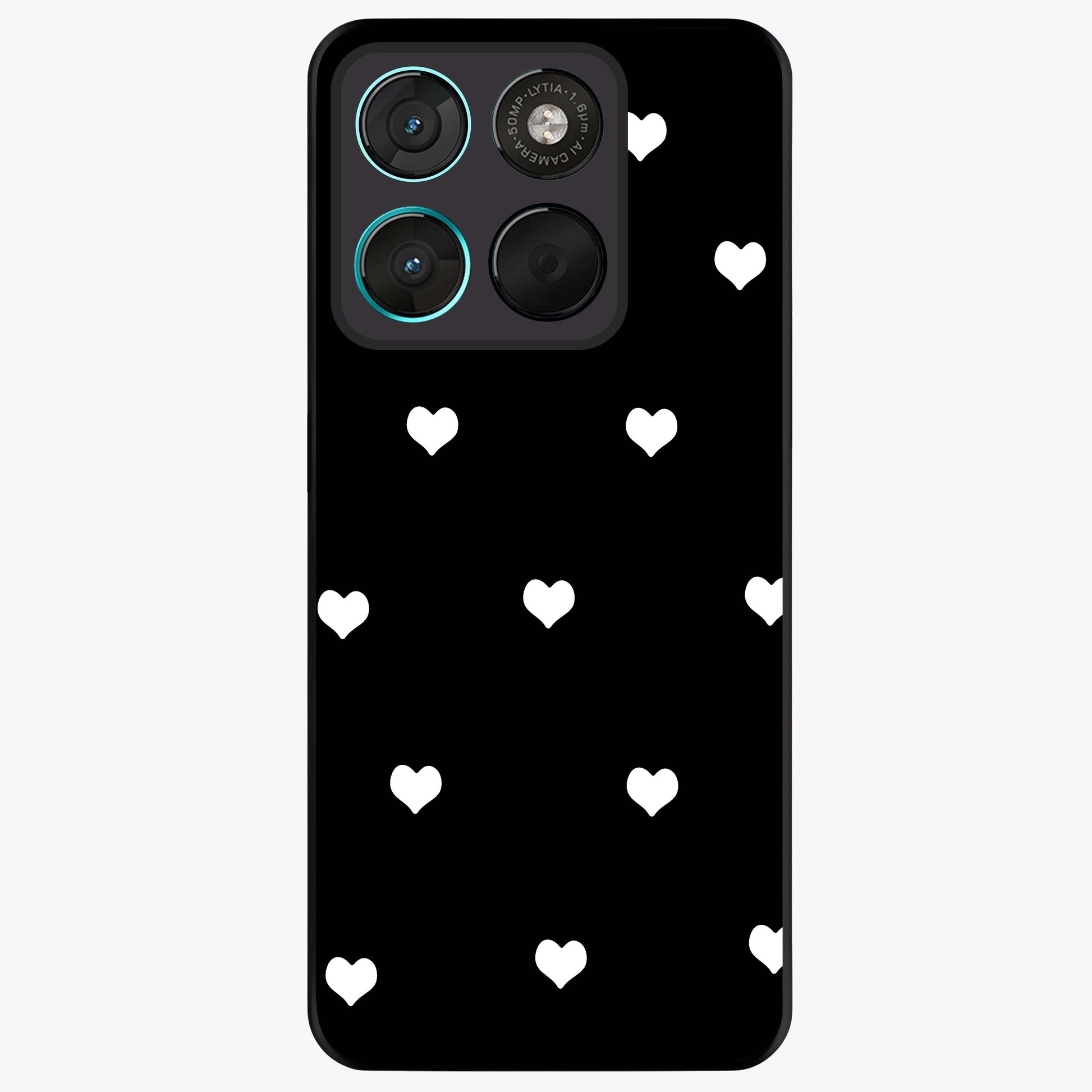 Cute And Simple White Hearts Glass Case showing flat back view with minimal white heart pattern and glossy glass finish.