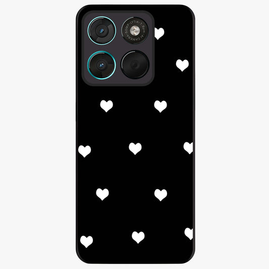 Cute And Simple White Hearts Glass Case showing flat back view with minimal white heart pattern and glossy glass finish.