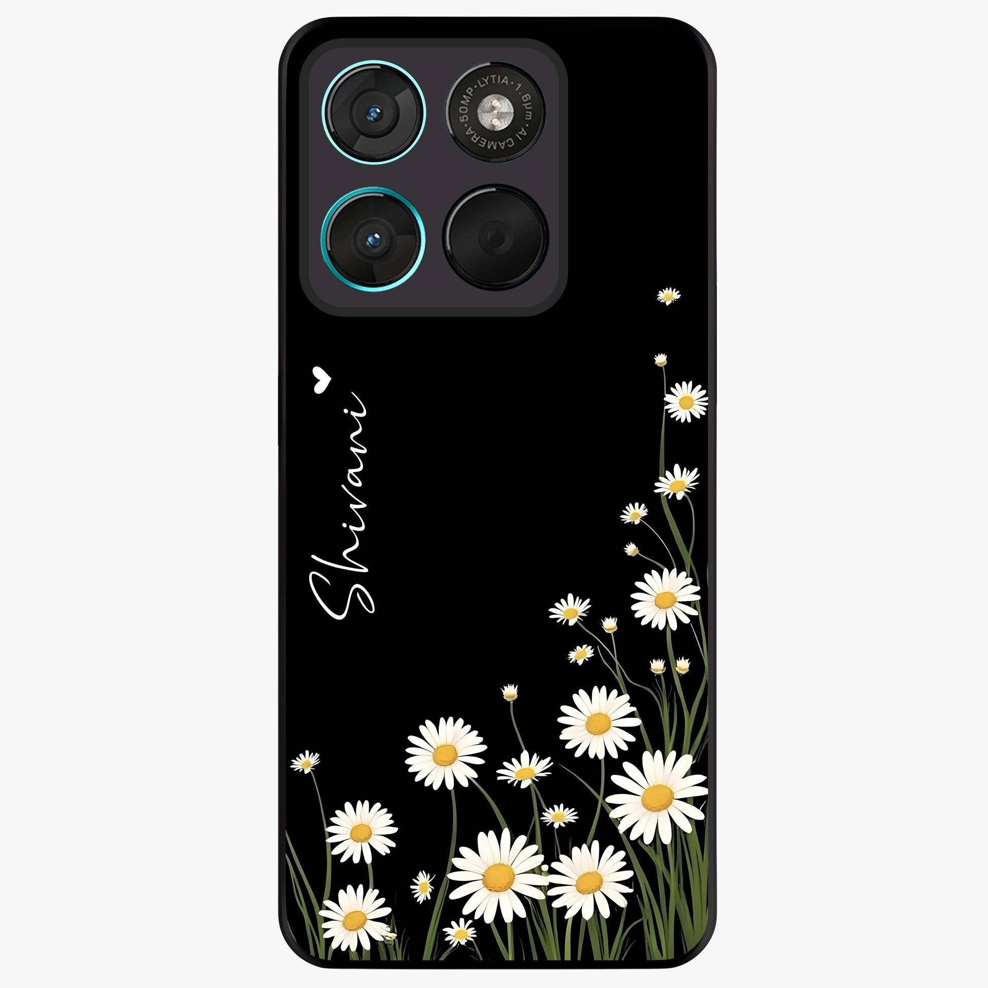 Daisy Cascade Custom Name Glass Case showing flat back view with cascading daisy flowers and personalized name design.