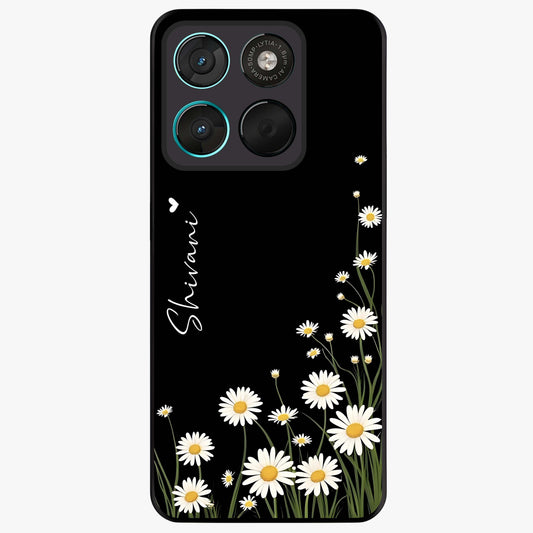 Daisy Cascade Custom Name Glass Case showing flat back view with cascading daisy flowers and personalized name design.