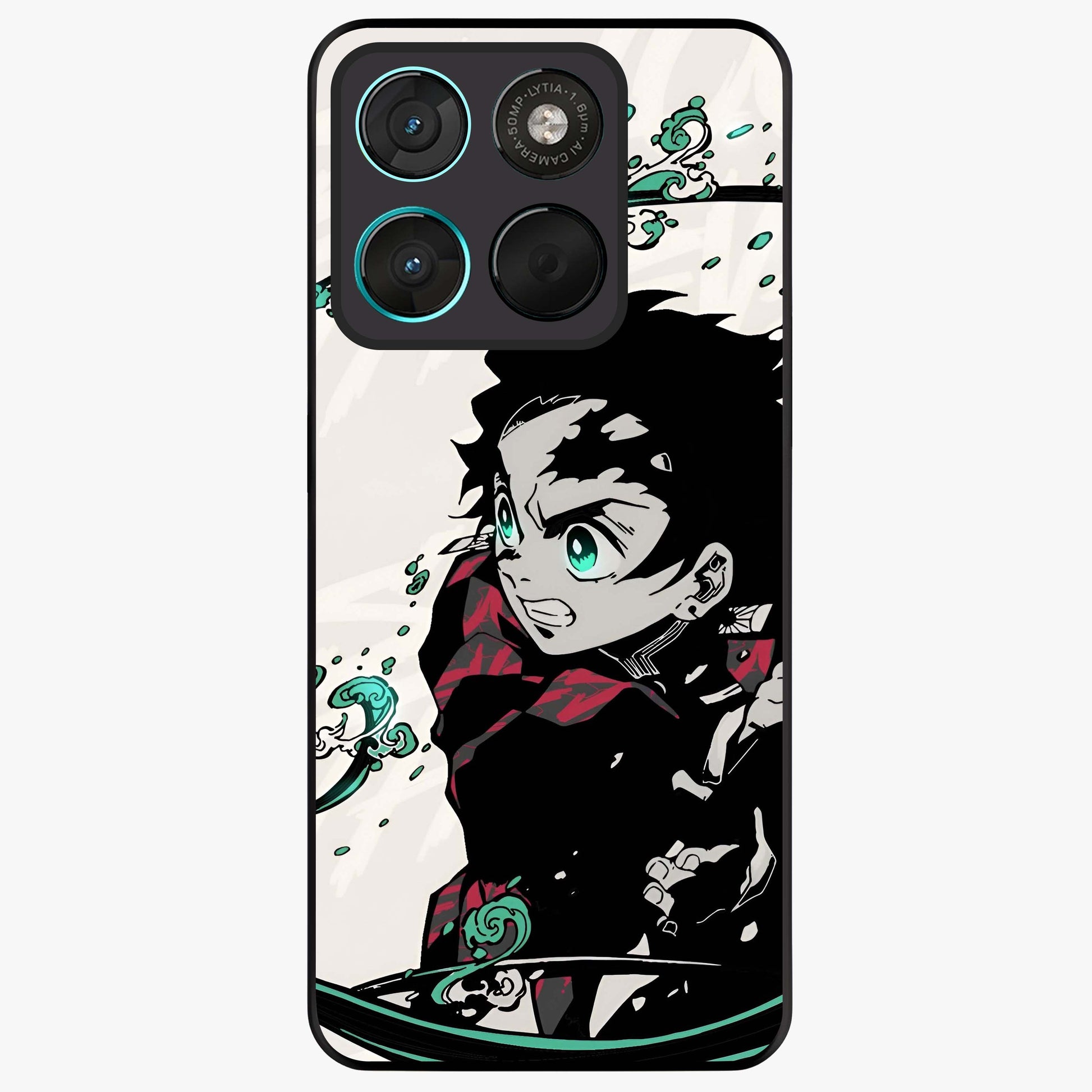 Demon Slayer Glass Case showing flat back view with bold anime inspired artwork and glossy glass finish.