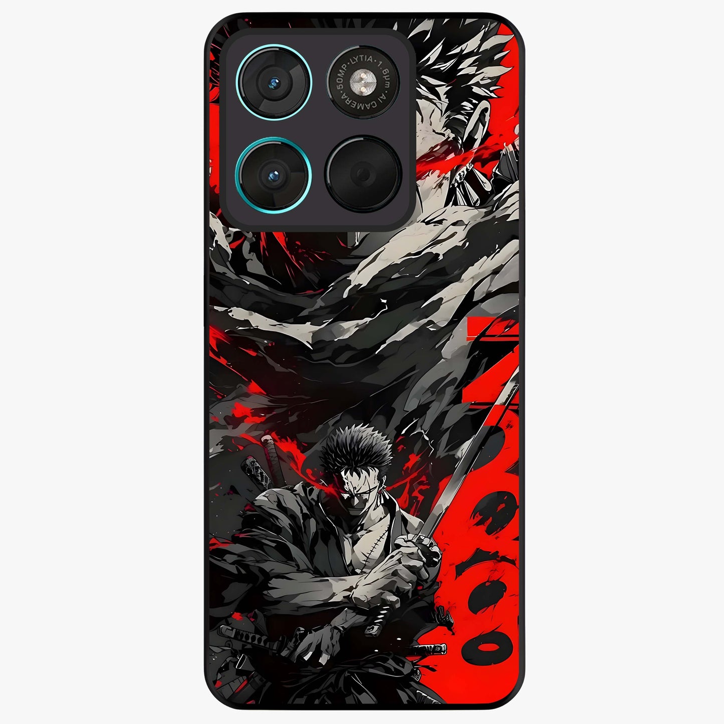 Demon Sword Resolve Glass Case showing flat back view with fierce sword warrior artwork and glossy glass finish.