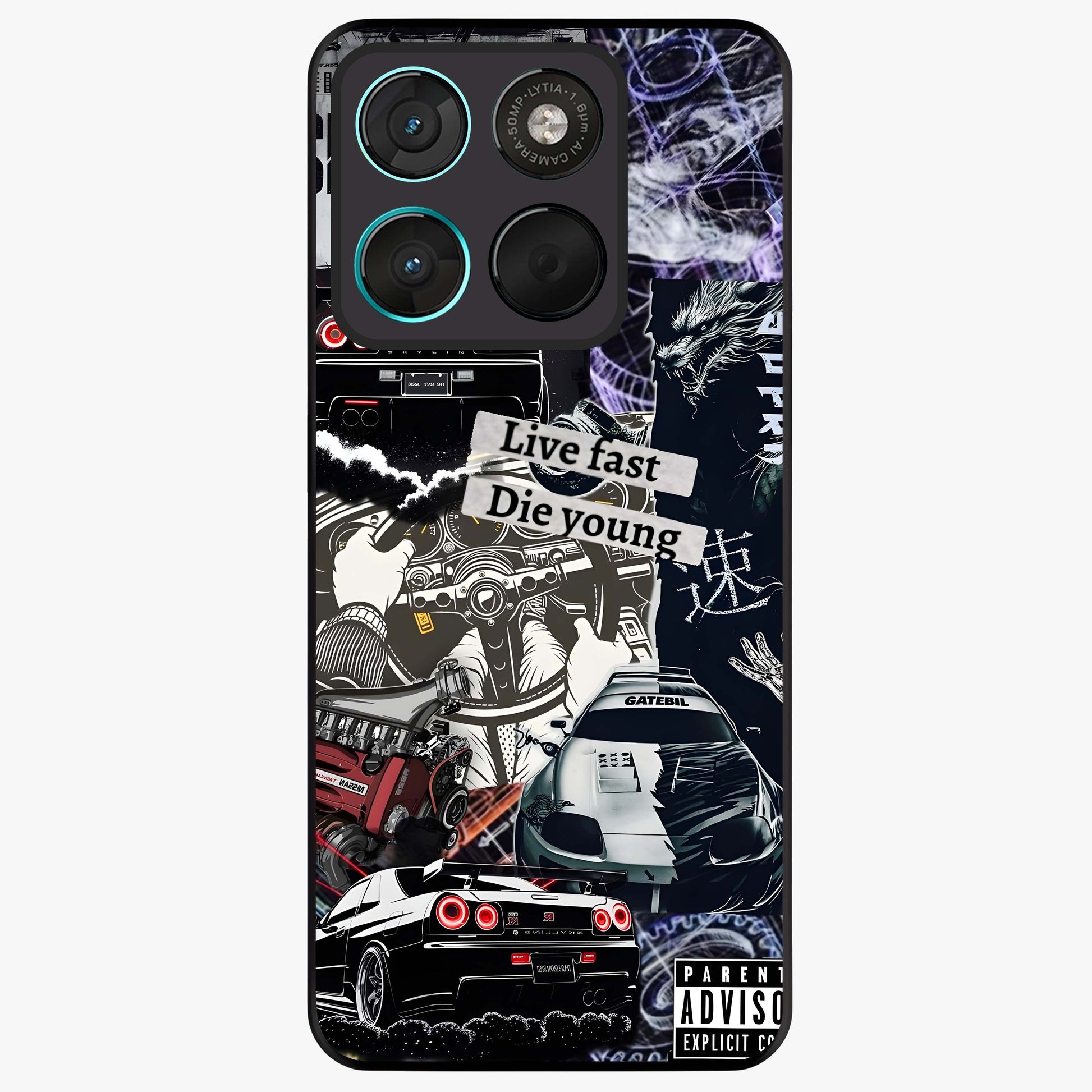 Die Young Glass Case showing flat back view with bold artistic typography design and glossy glass finish.