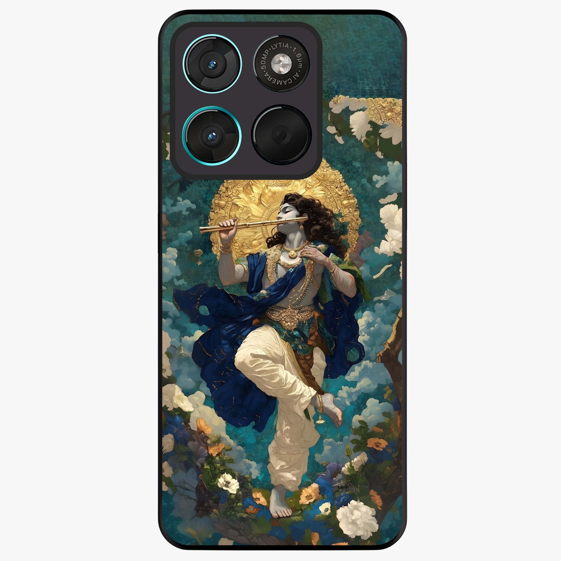 Divine Krishna Art Glass Case showing flat back view with Lord Krishna artwork and glossy glass finish.