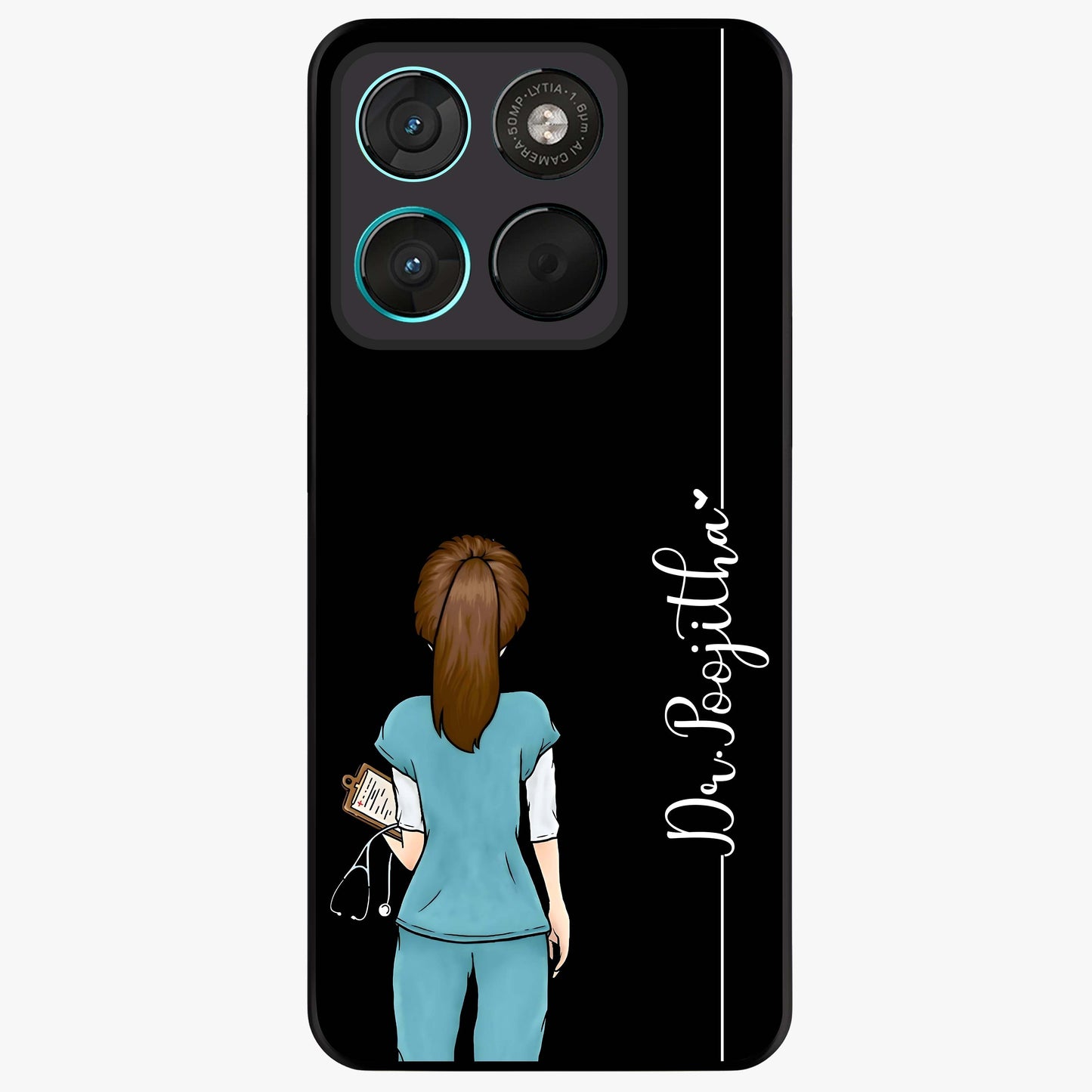 Doctor Pattern Custom Name Glass Case showing flat back view with medical themed pattern and personalized name design.