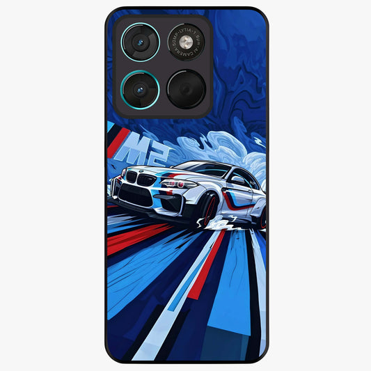 Drift Power Rush Glass Case showing flat back view with dynamic racing inspired artwork and glossy glass finish.