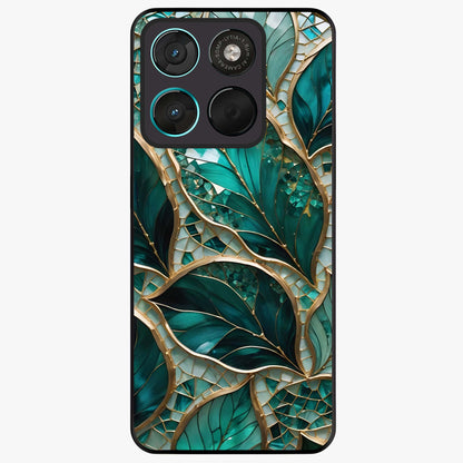 Emerald Leaf Glass Glass Case showing flat back view with emerald green leaf artwork and glossy glass finish.