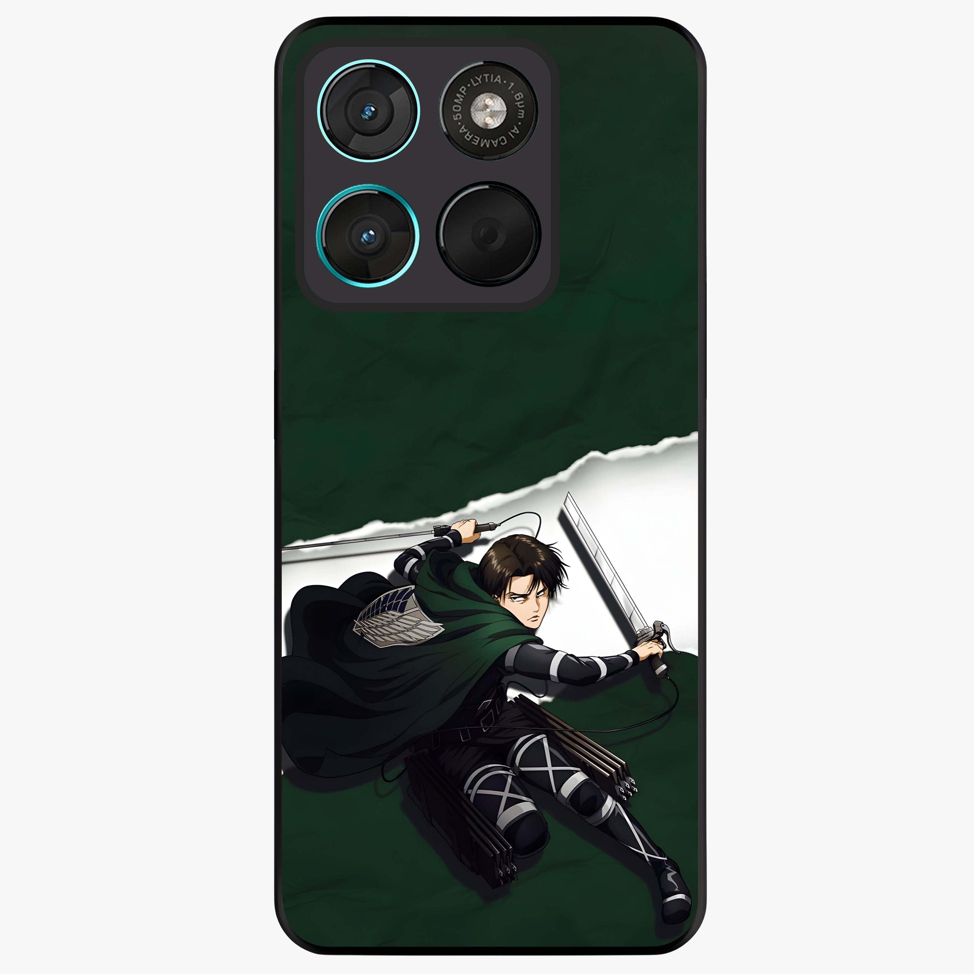 Emerald War Vanguard Glass Case showing flat back view with powerful warrior themed artwork and glossy glass finish.