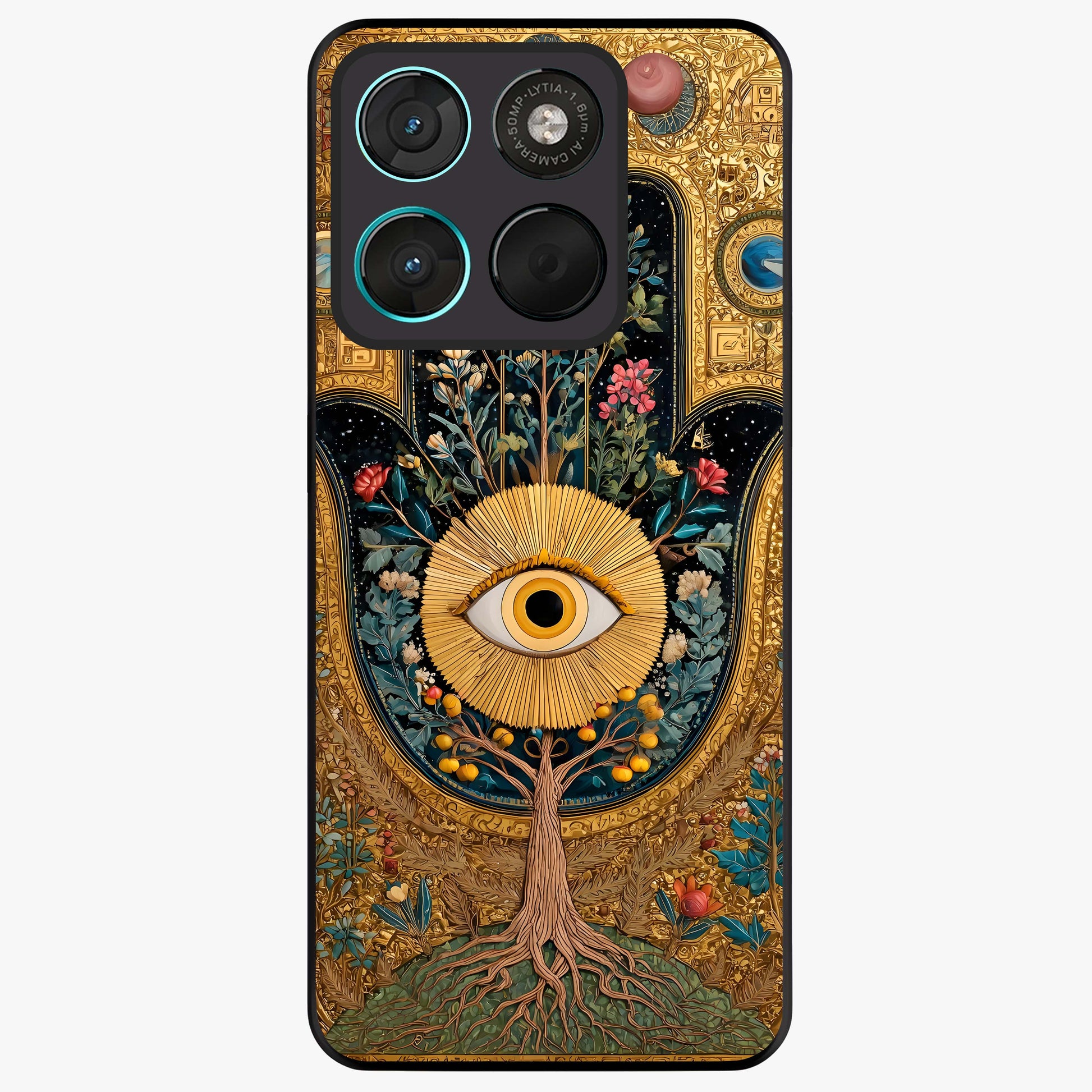 Ethereal Evil Eye Glass Case showing flat back view with mystical evil eye artwork and glossy glass finish.