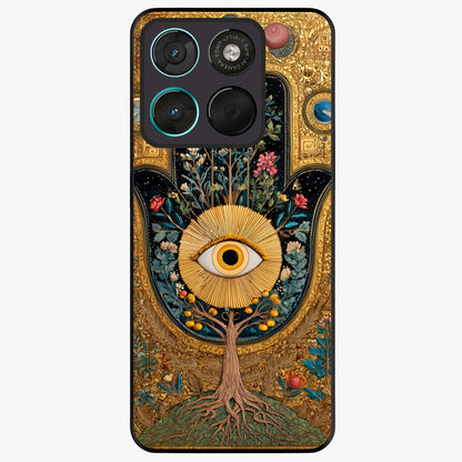 Ethereal Evil Eye Glass Case showing flat back view with mystical evil eye artwork and glossy glass finish.
