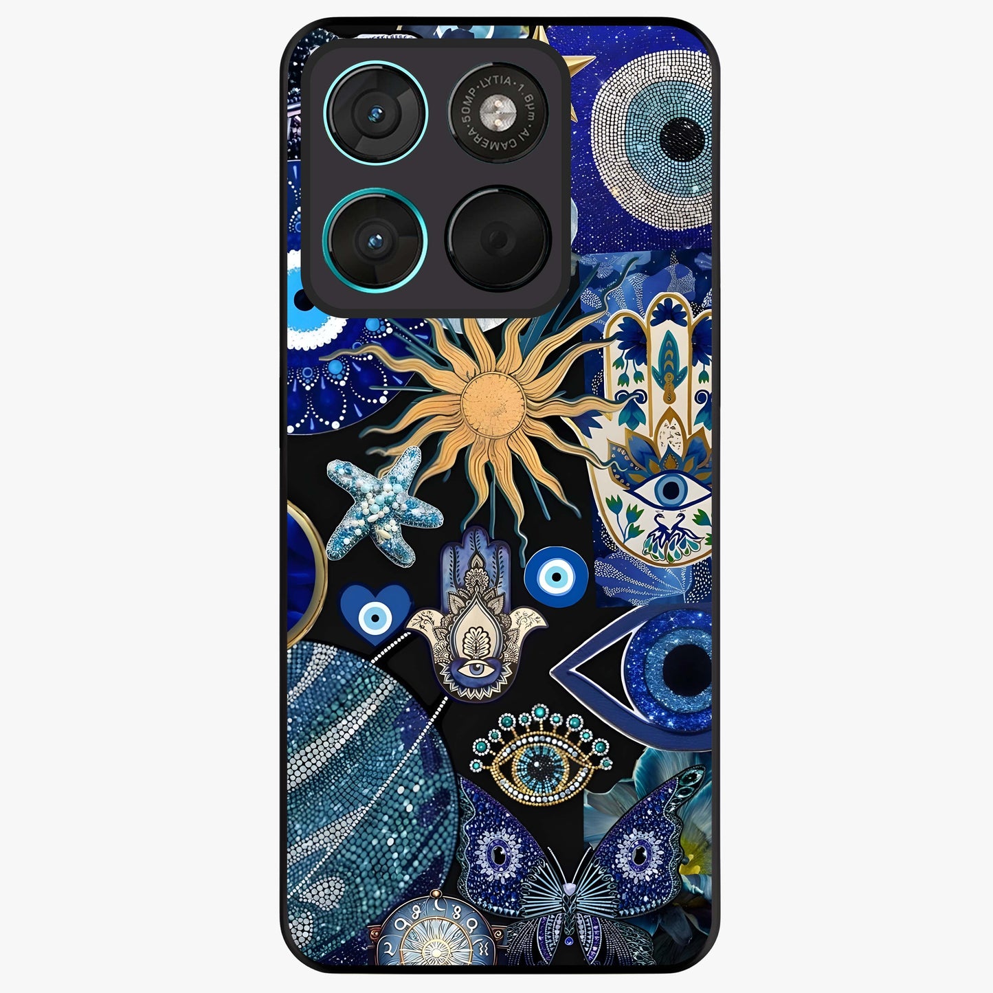 Evil Eye Charm Mix Glass Case showing flat back view with multiple evil eye charms artwork and glossy glass finish.