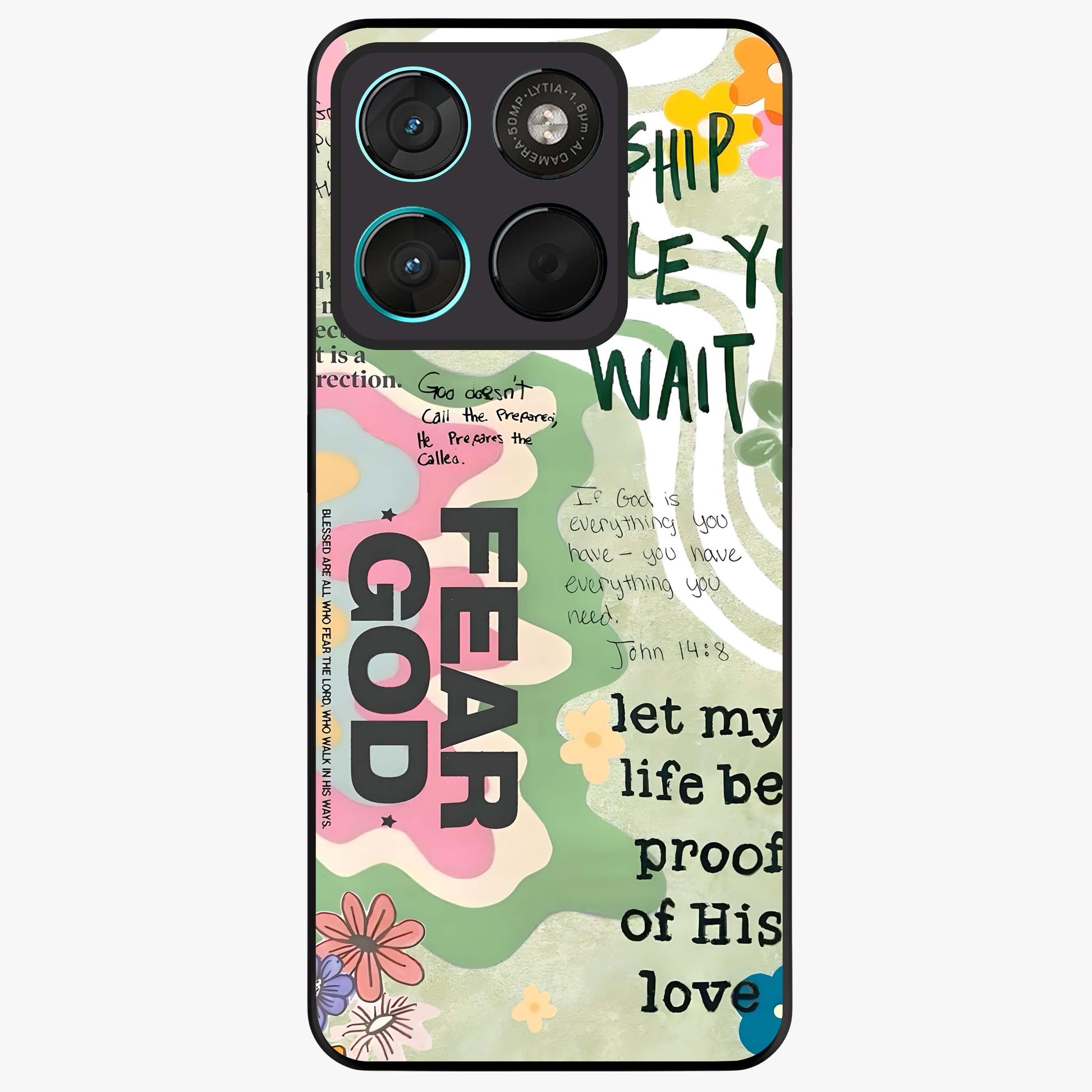 Faith Over Fear Glass Case showing flat back view with motivational typography artwork and glossy glass finish.