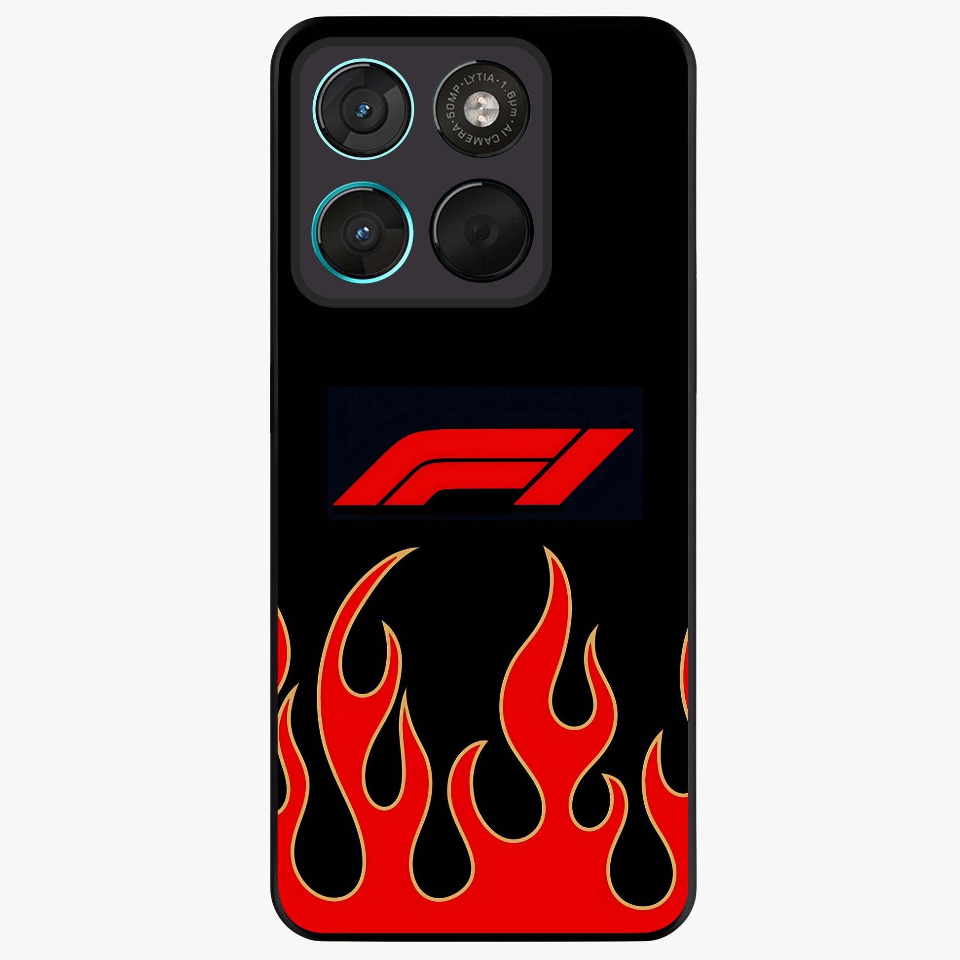 Fire F11 Glass Case showing flat back view with fiery themed artwork and glossy glass finish.