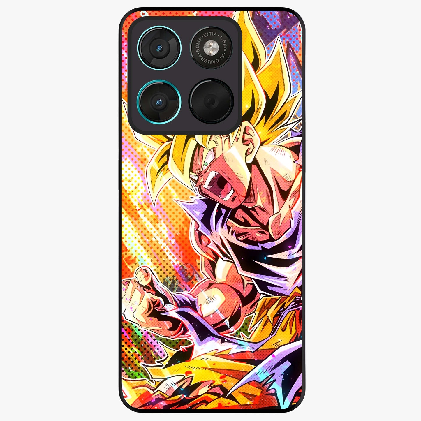Firing Goku Glass Case showing flat back view with powerful anime inspired artwork and glossy glass finish.