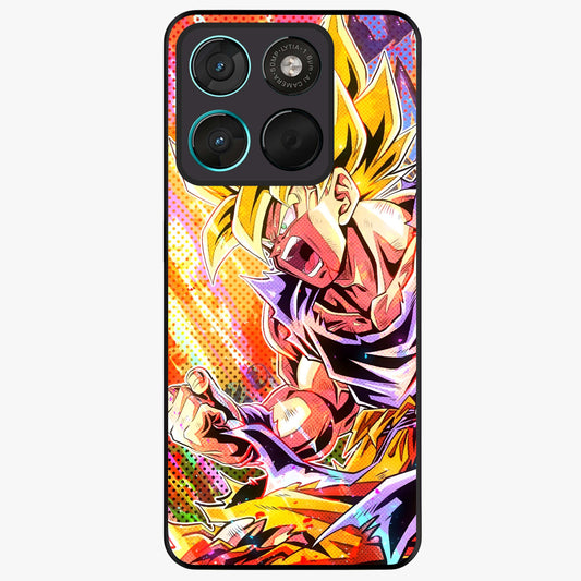 Firing Goku Glass Case showing flat back view with powerful anime inspired artwork and glossy glass finish.