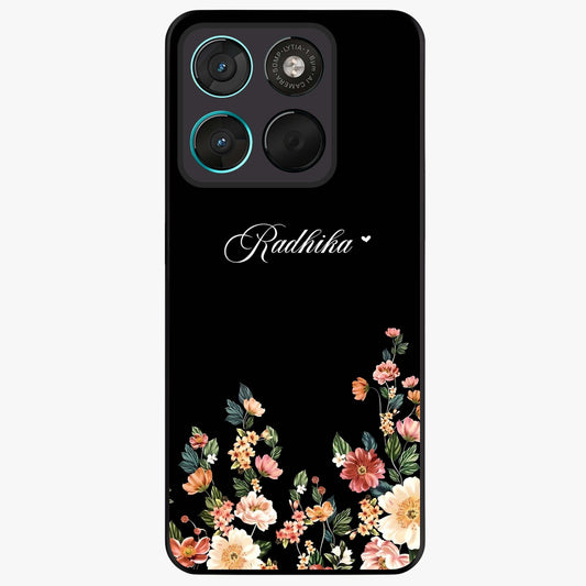 Floral Design With a Custom Personalized Name Glass Case showing flat back view with floral artwork and personalized name design.