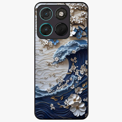 Floral Wave Origami Glass Case showing flat back view with origami inspired floral wave artwork and glossy glass finish.