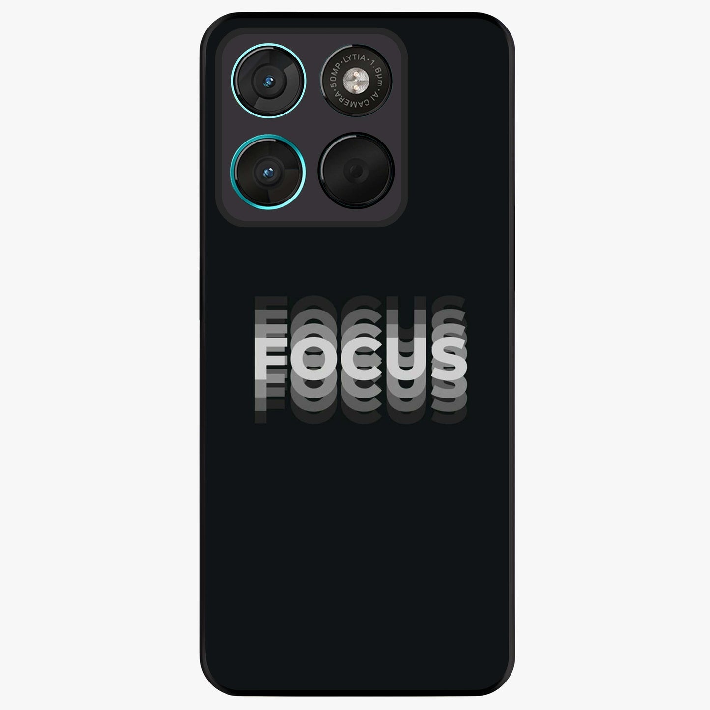 Focus Mode On Glass Case showing flat back view with bold motivational typography design and glossy glass finish.