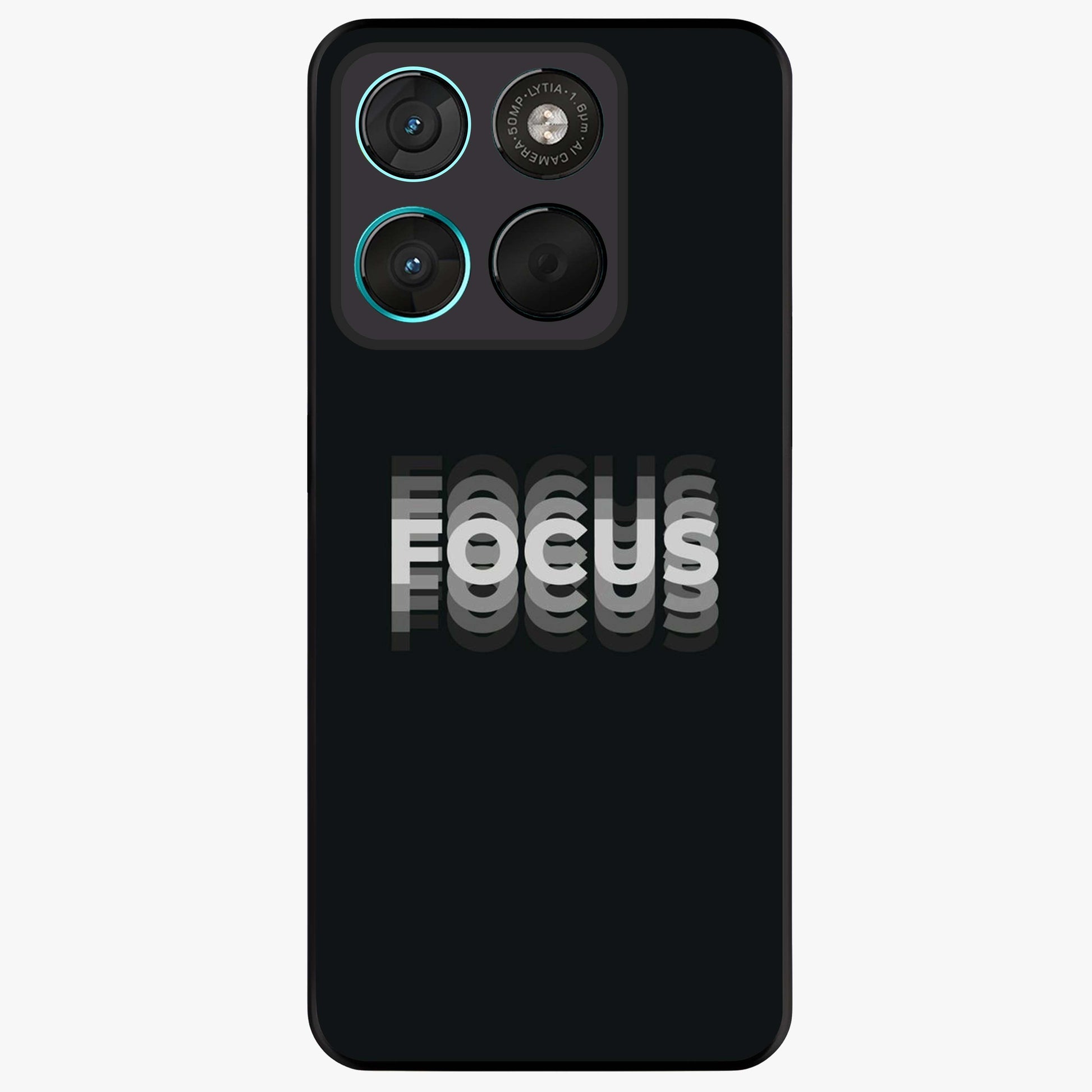 Focus Mode On Glass Case showing flat back view with bold motivational typography design and glossy glass finish.