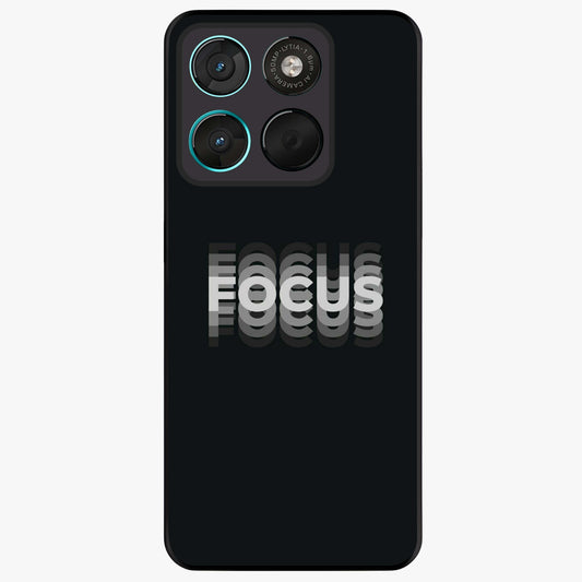Focus Mode On Glass Case showing flat back view with bold motivational typography design and glossy glass finish.