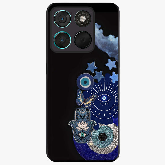 Galactic Charm Cluster Glass Case showing flat back view with glowing celestial charm artwork and glossy glass finish.