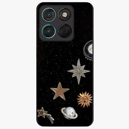 Galactic Charm Glow Glass Case showing flat back view with glowing celestial charm artwork and glossy glass finish.