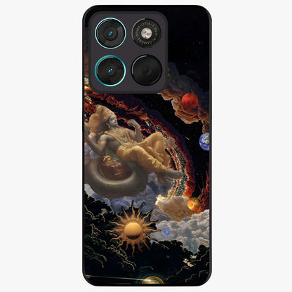 Galactic Divine God Glass Case showing flat back view with divine cosmic themed artwork and glossy glass finish.
