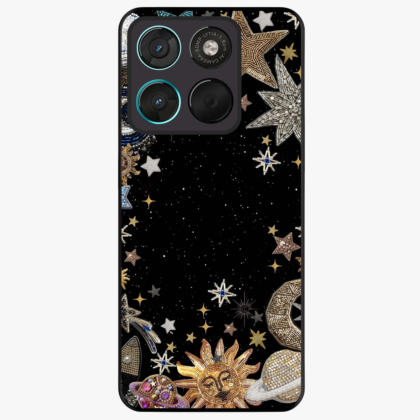 Galactic Jewel Stars Glass Case showing flat back view with sparkling star jewel artwork and glossy glass finish.