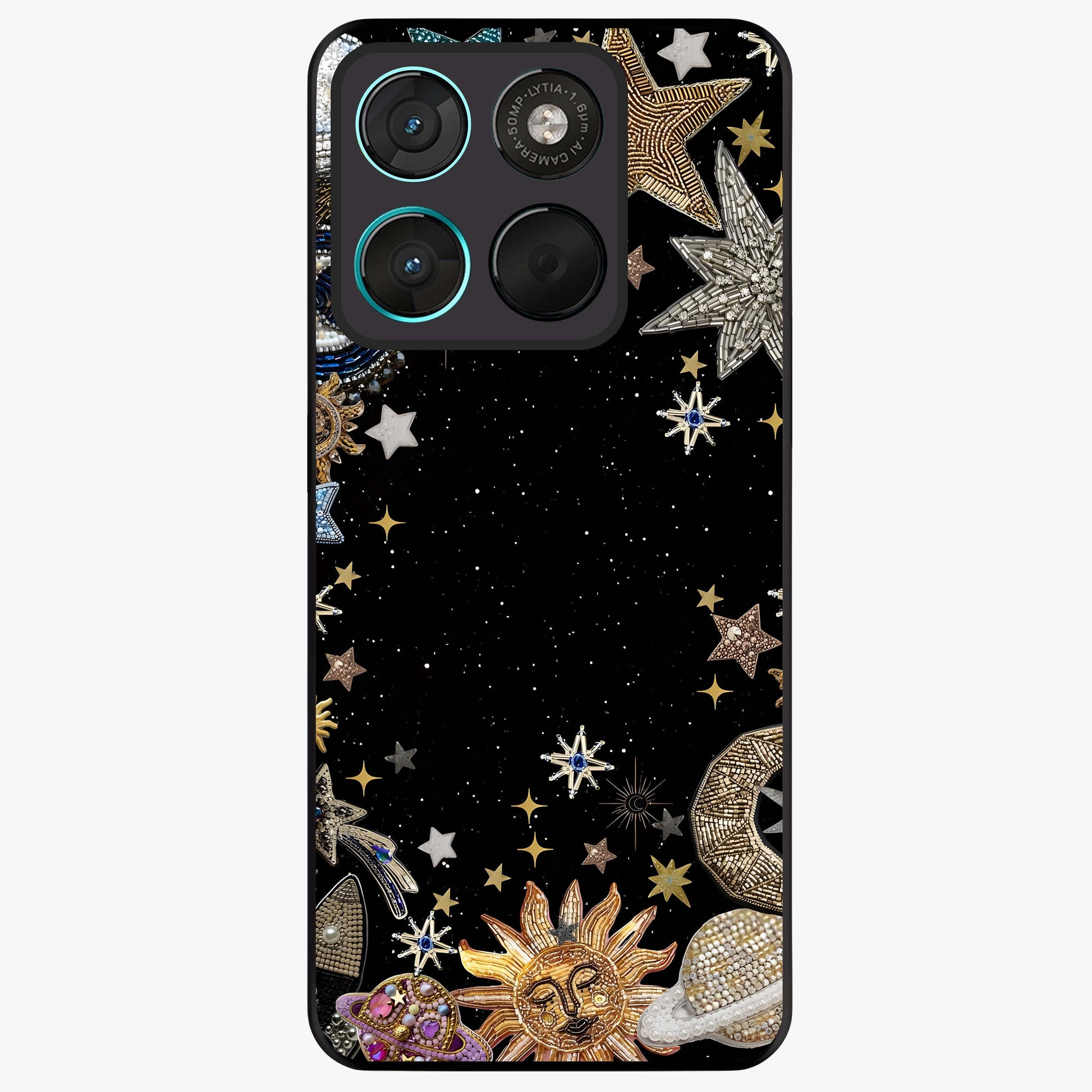 Galactic Jewel Stars Glass Case showing flat back view with sparkling star jewel artwork and glossy glass finish.