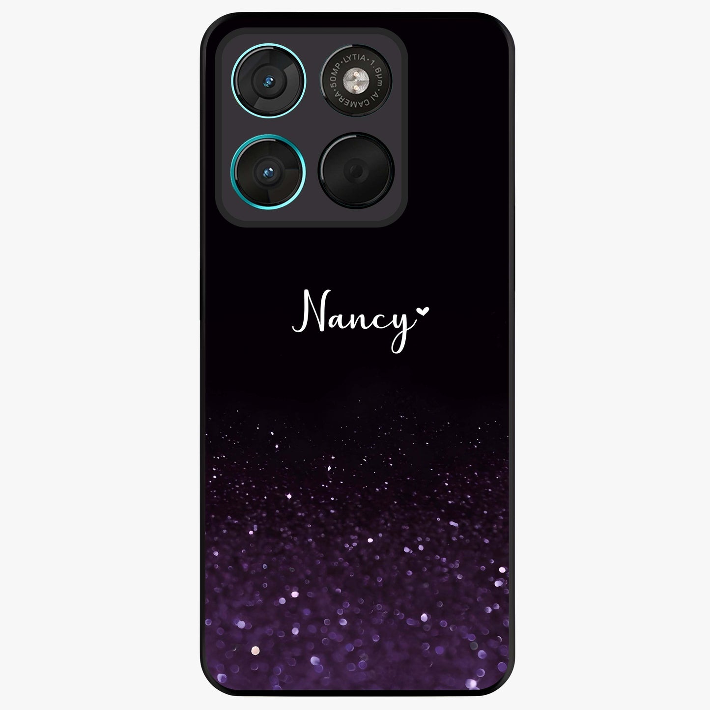 Glittery Purple Bokeh Custom Name Glass Case showing flat back view with purple bokeh sparkle artwork and personalized name design.