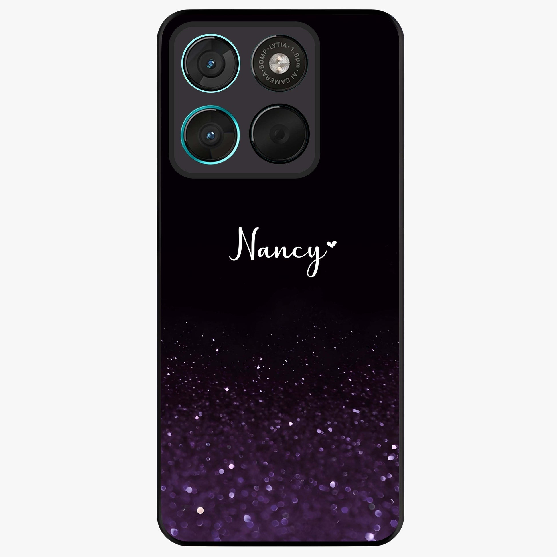 Glittery Purple Bokeh Custom Name Glass Case showing flat back view with purple bokeh sparkle artwork and personalized name design.