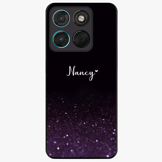 Glittery Purple Bokeh Custom Name Glass Case showing flat back view with purple bokeh sparkle artwork and personalized name design.