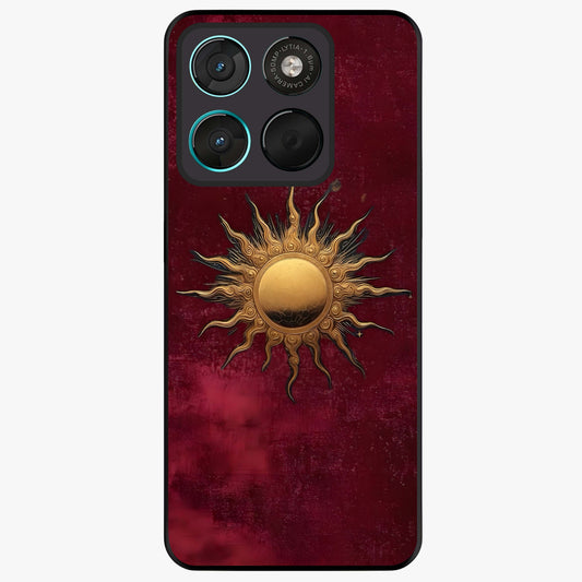 Gold Sun Blush Glass Case showing flat back view with golden sun inspired artwork and glossy glass finish.