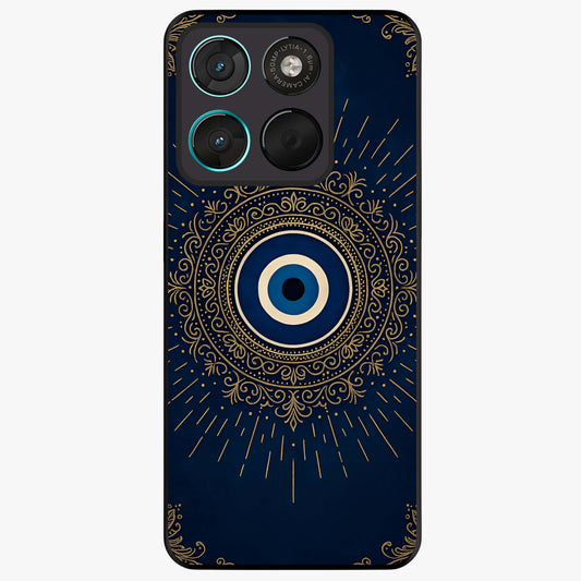 Golden Evil Eye Mandala Glass Case showing flat back view with intricate evil eye mandala artwork and glossy glass finish.