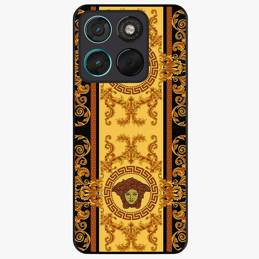 Golden Royal Heritage Glass Case showing flat back view with ornate royal pattern artwork and glossy glass finish.
