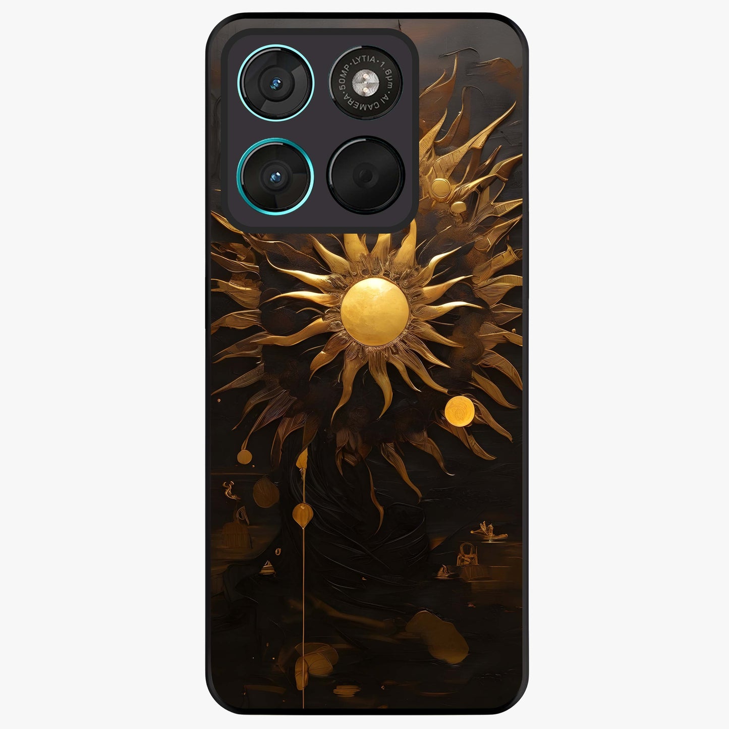 Golden Sun Majesty Glass Case showing flat back view with radiant golden sun artwork and glossy glass finish.