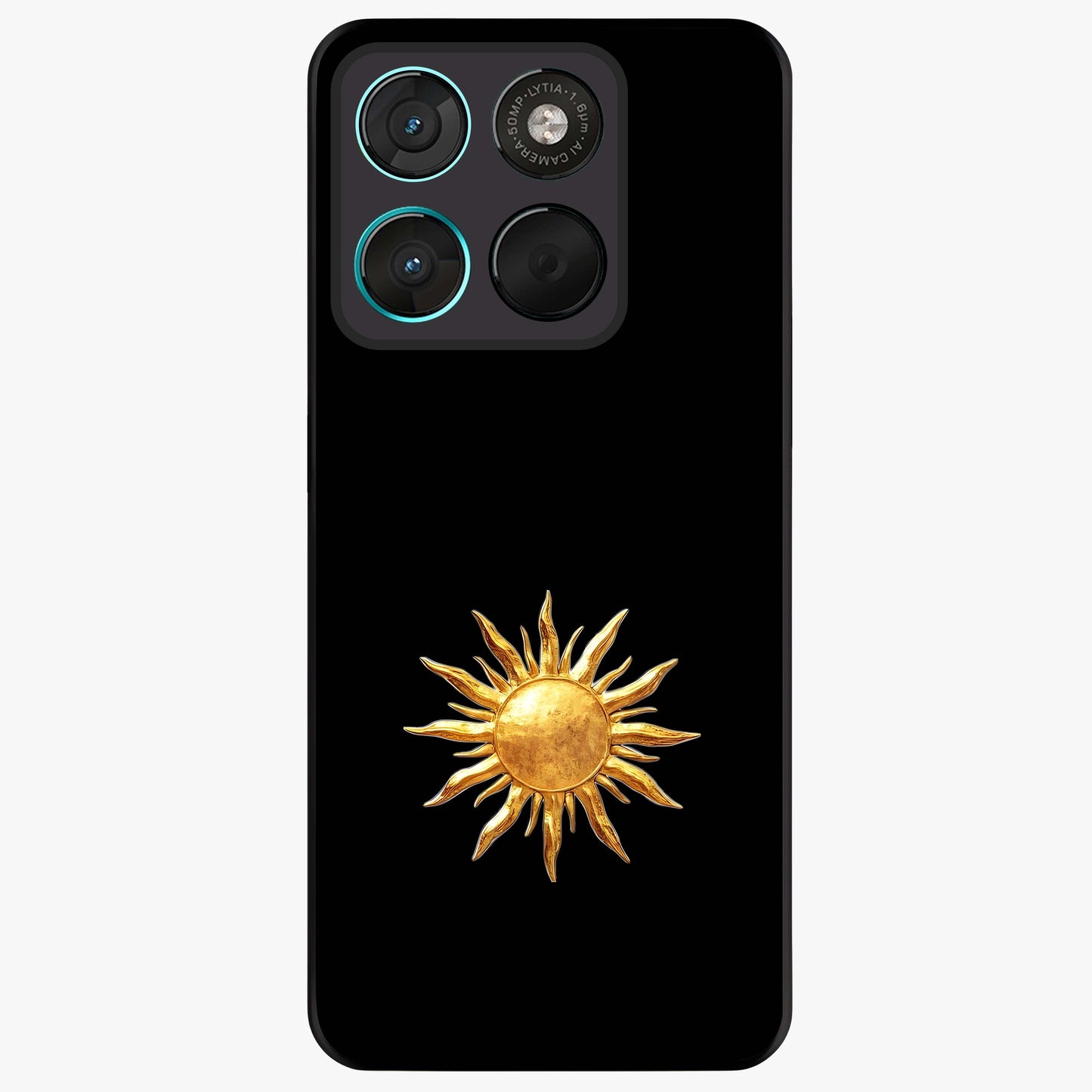 Golden Sun Minimalism Glass Case showing flat back view with minimal golden sun artwork and glossy glass finish.