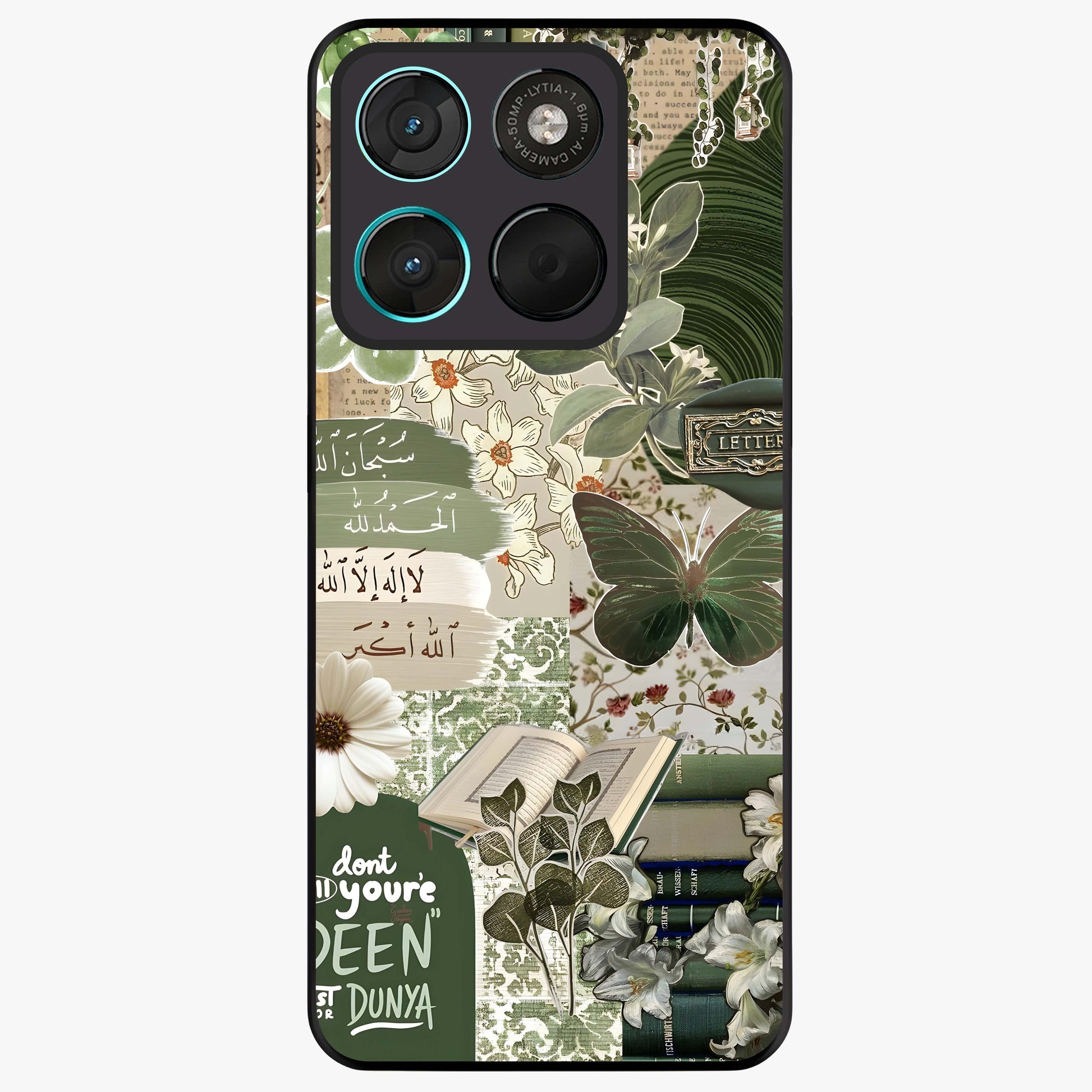 Green Islamic Books Quotes Glass Case showing flat back view with Islamic quotes and book themed artwork and glossy glass finish.