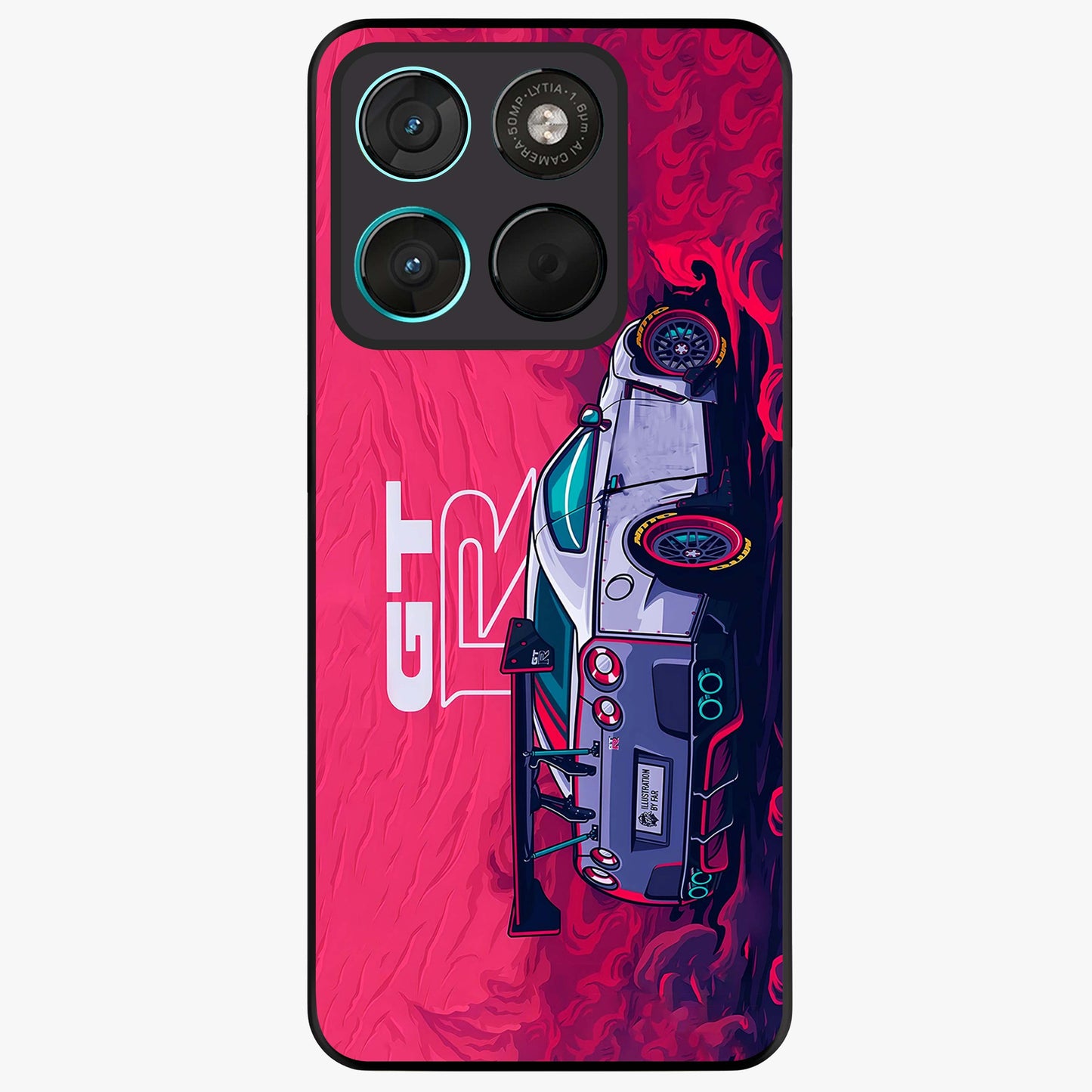 GT-R Car Pattern Glass Case showing flat back view with sporty car inspired pattern artwork and glossy glass finish.