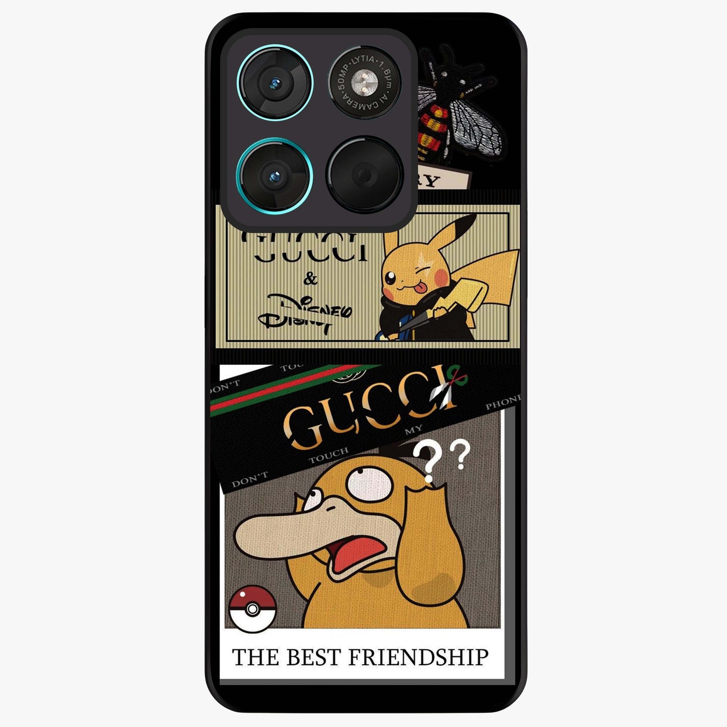 Gucci Play Mashup Glass Case showing flat back view with luxury inspired graphic artwork and glossy glass finish.