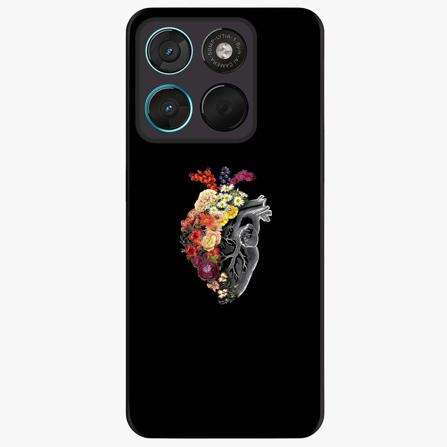 Heart With Flowers Glass Case showing flat back view with heart shaped floral artwork and glossy glass finish.