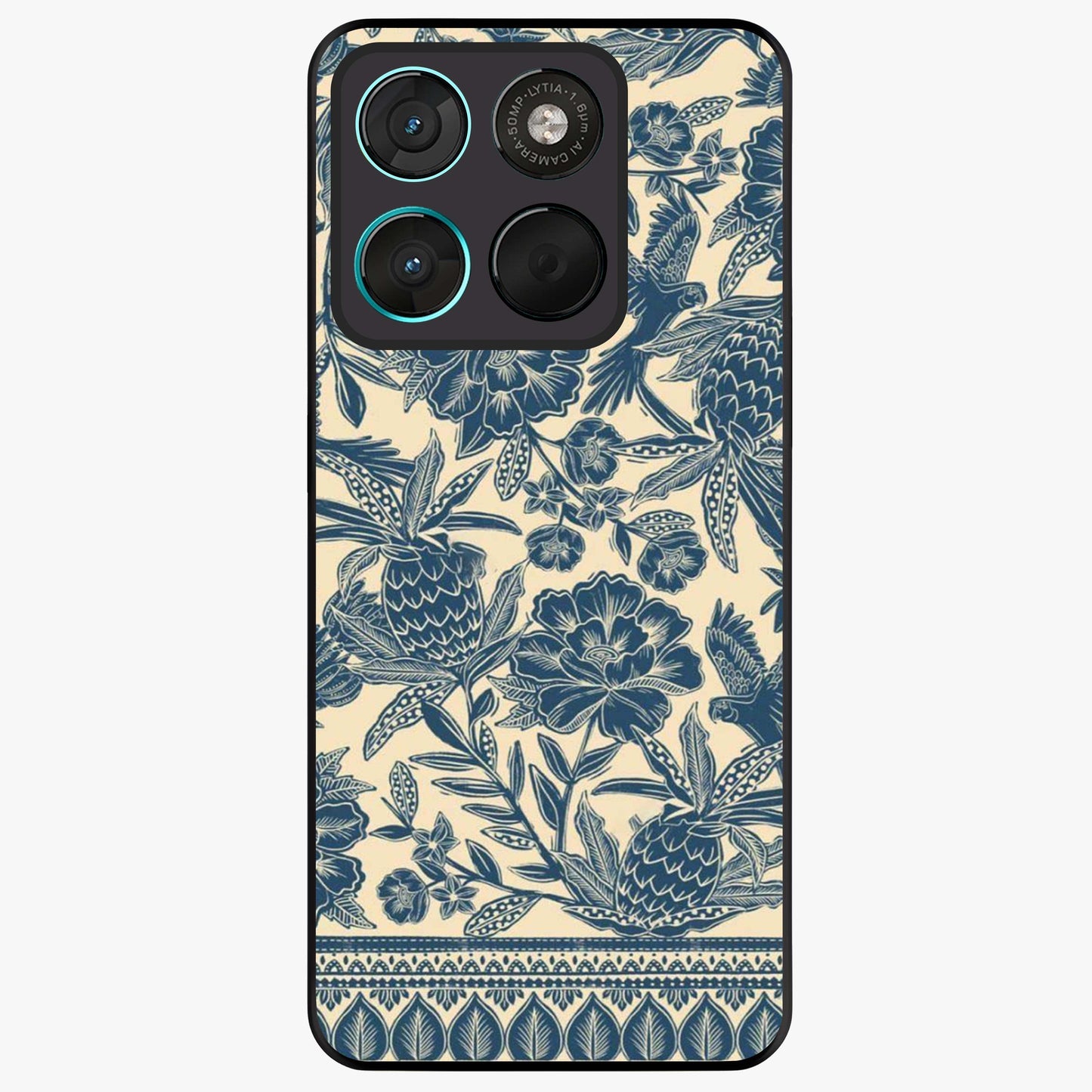 Heirloom Wild Bloom Glass Case showing flat back view with vintage inspired wild flower artwork and glossy glass finish.