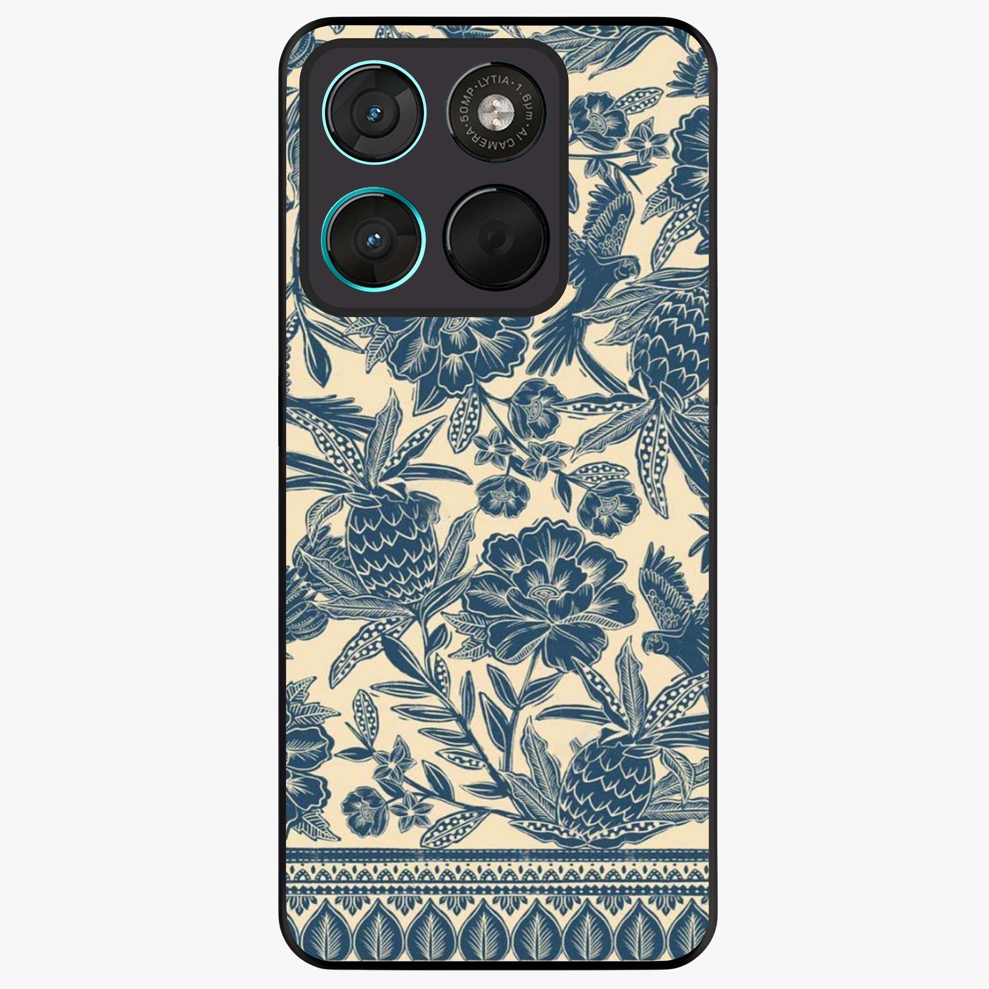 Heirloom Wild Bloom Glass Case showing flat back view with vintage inspired wild flower artwork and glossy glass finish.