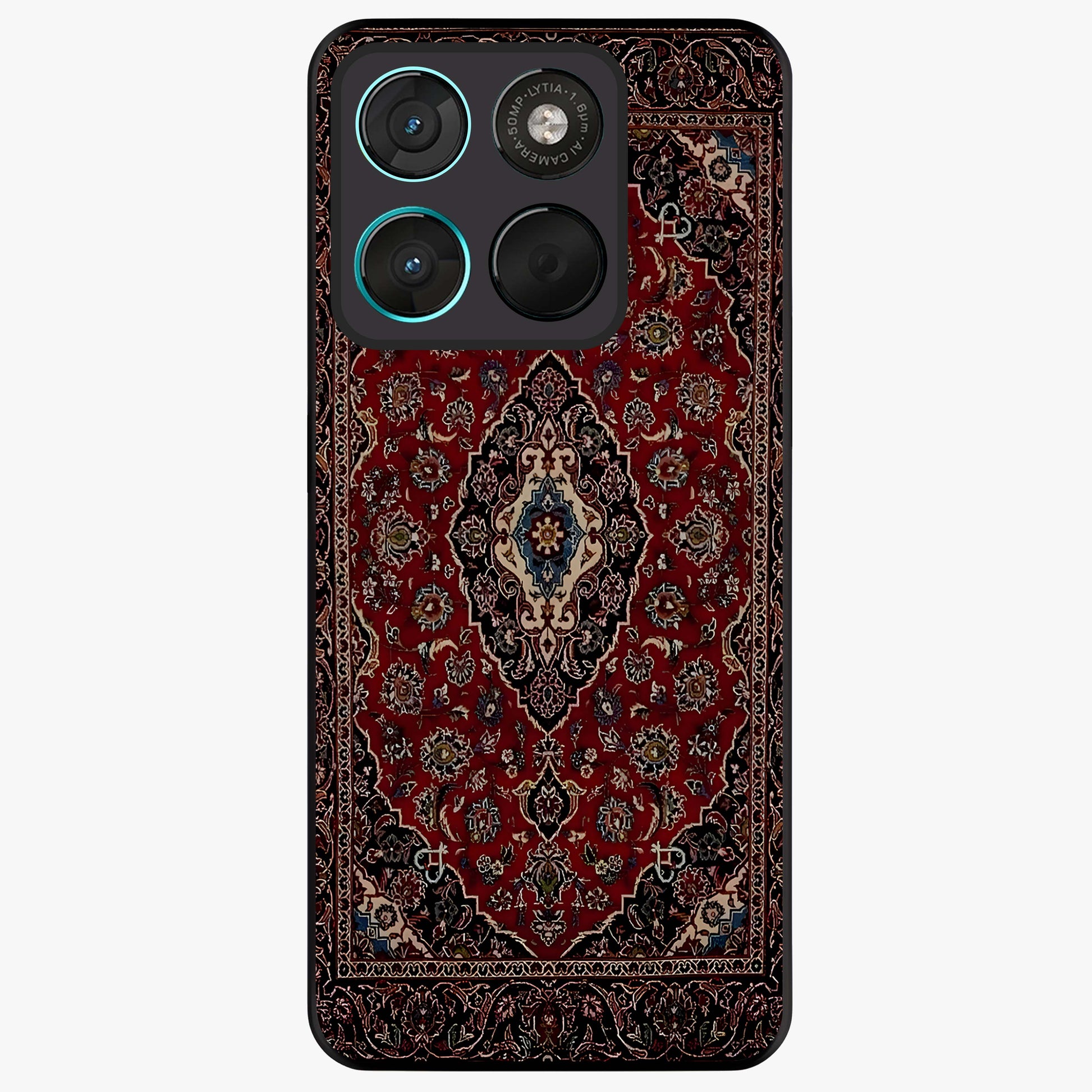 Heritage Carpet Royale Glass Case showing flat back view with ornate Persian carpet inspired pattern and glossy glass finish.