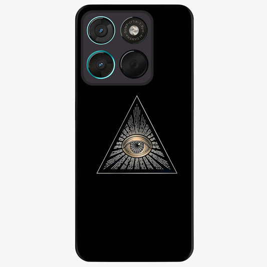 Illuminati Evil Glass Case showing flat back view with mysterious illuminati symbol artwork and glossy glass finish.