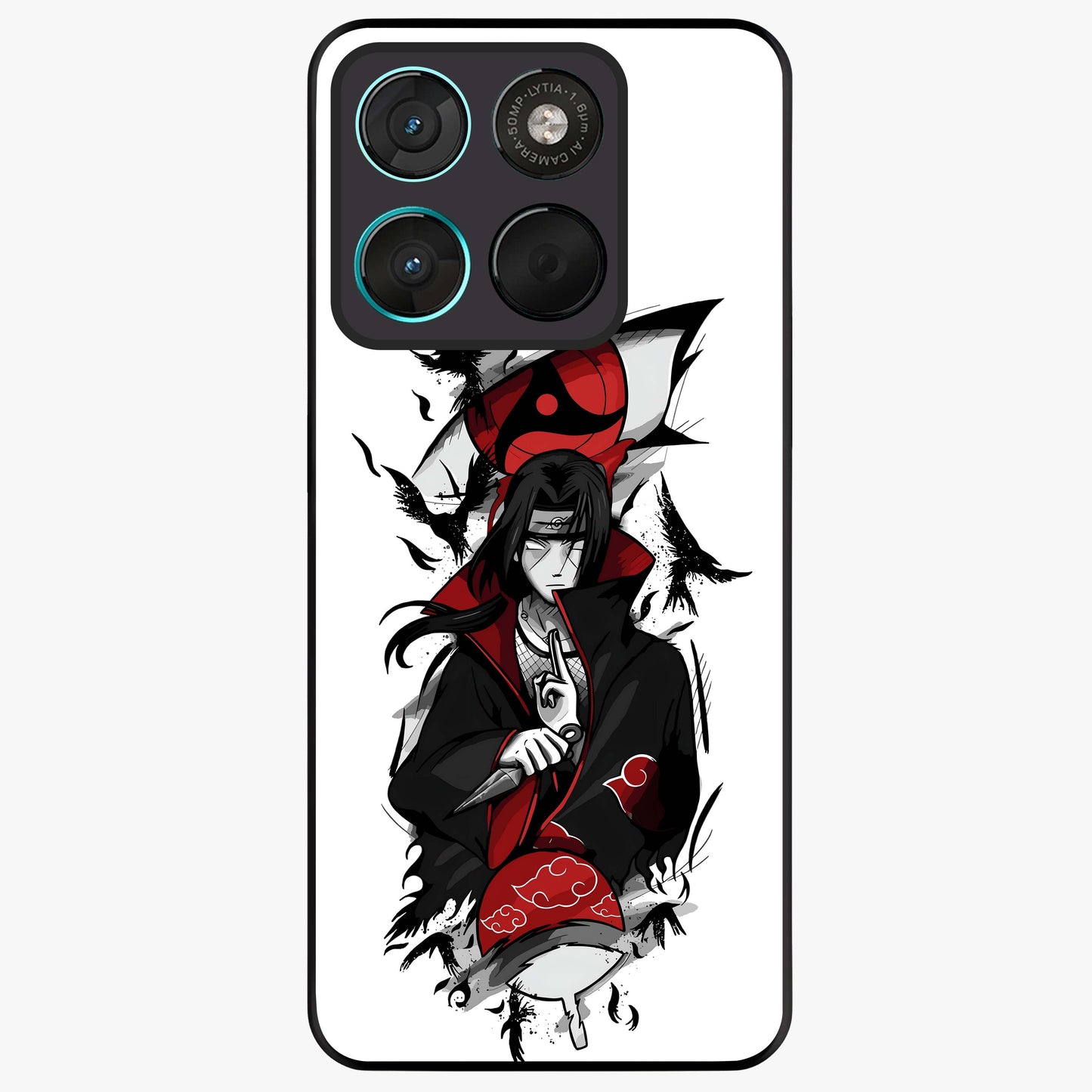 Itachi Sharingan Glass Case showing flat back view with powerful anime eye artwork and glossy glass finish.